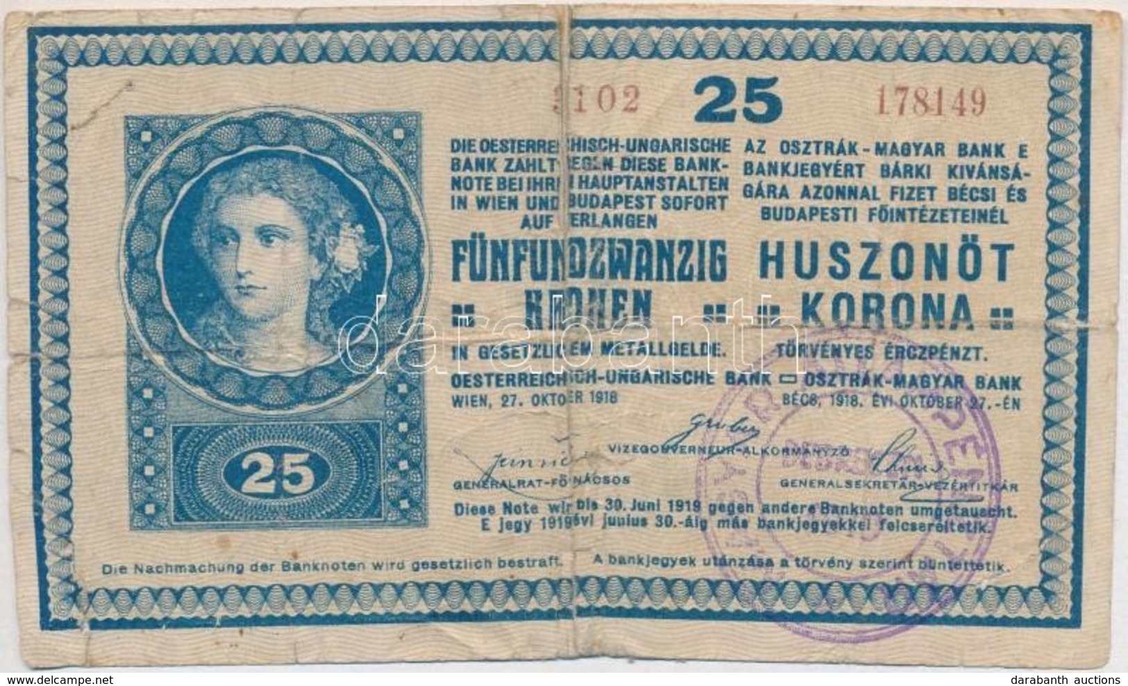 1918. 25K '3102' 3mm, Hullámos Hátlap, Hamis Felülbélyegzéssel (fake Overprint) T:IV Ragasztott - Unclassified