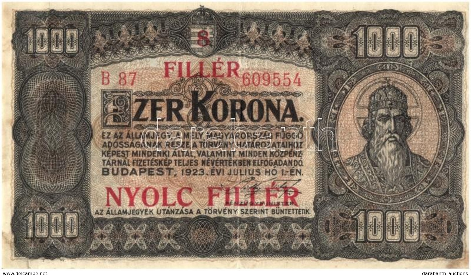 1923. 1000K '8 FILLÉR - NYOLC FILLÉR' Felülnyomással, Nyomdahely Jelölés Nélkül T:III 
Adamo K37B - Sin Clasificación