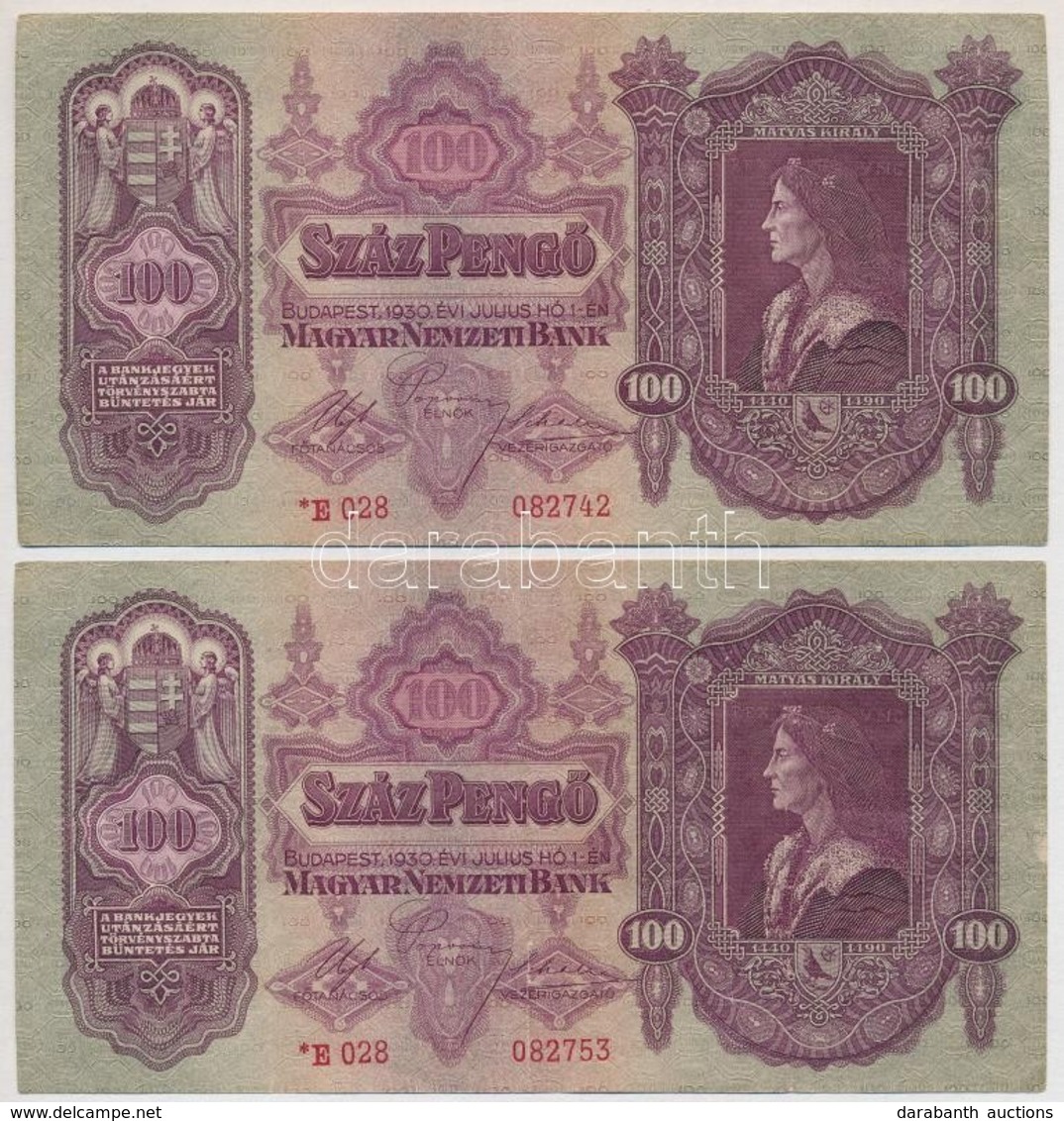 1930. 100P (2x) Közeli Sorszámok, Csillagos Sorozatszám T:II,III - Non Classés