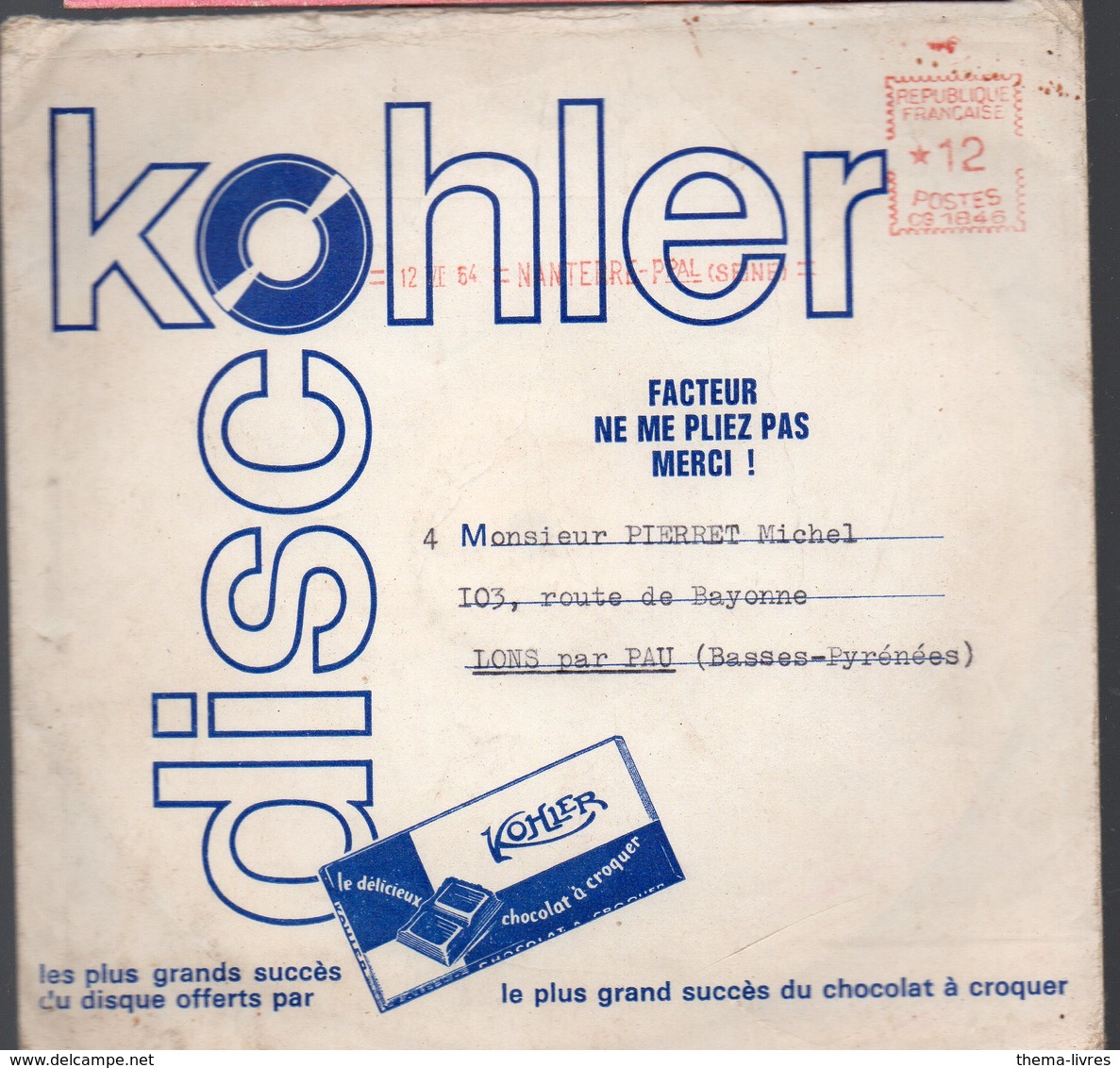 Nanterre :  1 Disque Souple Publicitaire Sous Enveloppe D'expédition KOHLER  (PPP10112) - Publicités