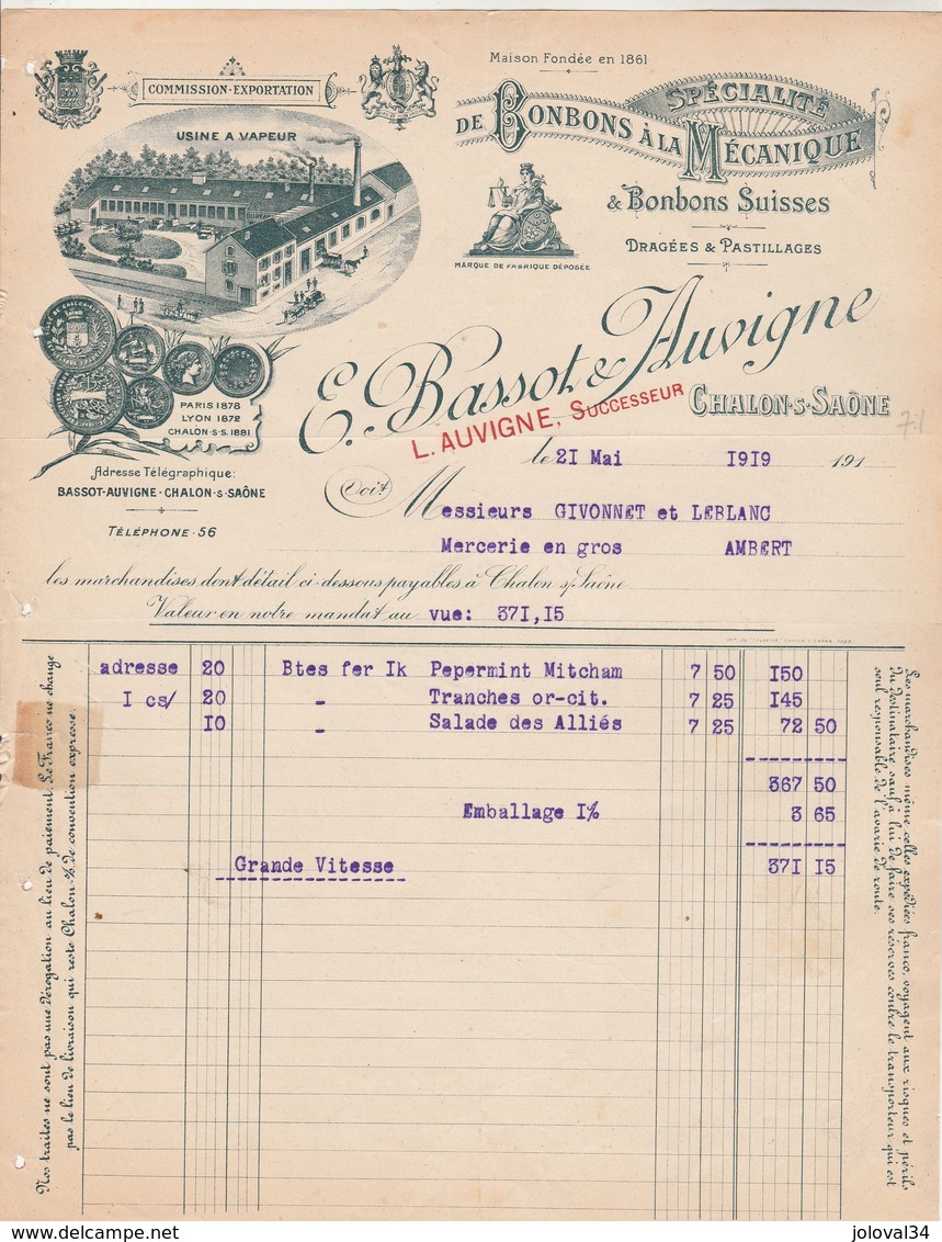 Facture Illustrée 21/5/1919 BASSOT & AUVIGNE Bonbons à La Mécanique Et Bonbons Suisses - Dragées CHALON S Saône Et Loire - 1900 – 1949