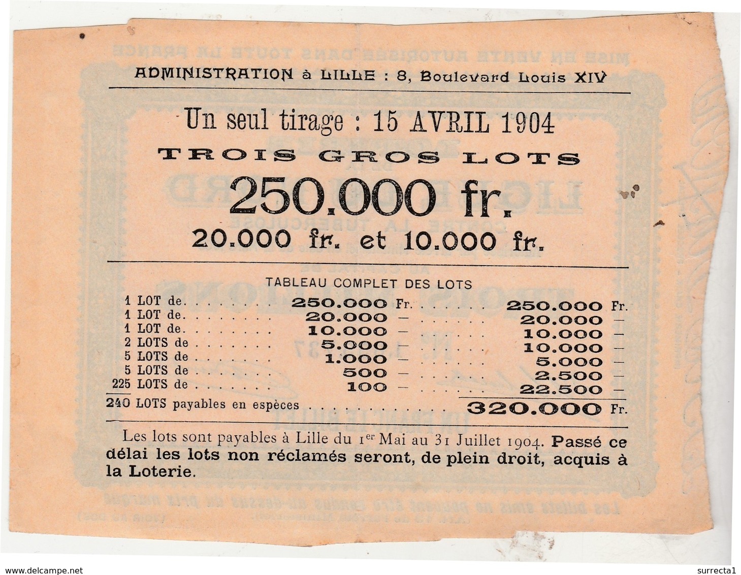 Billet Loterie 1904 / Loterie Ligue Du Nord Tuberculose - Biglietti Della Lotteria