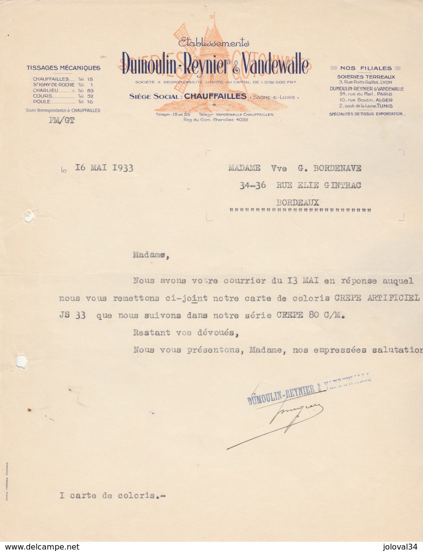 Facture Lettre Illustrée Moulin à Vent 16/5/1933 DUMOULIN REYNIER VANDEWALLE Tissages CHAUFFAILLES  Saône Et Loire - 1900 – 1949