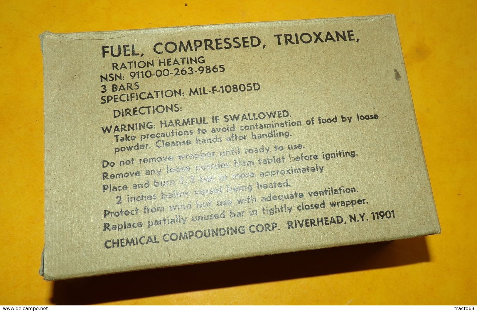 ARMEE AMERICAINE U.S : FUEL,COMPRESSED,TRIOXANE , RATION HEATING , FABRICANT CHEMICAL COMPOUNDING CORP. RIVERHEAD NEW YO - Casques & Coiffures