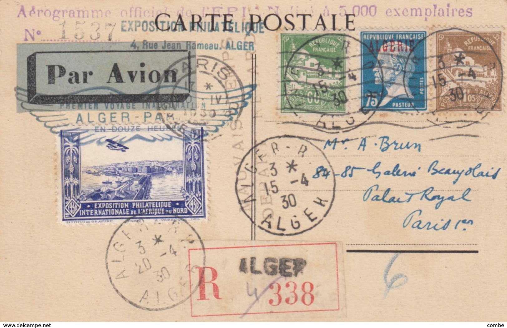POSTCARD. FRANCE 1930. AEROGRAMME EXPOSITION PHILATELIQUE ALGER - Sonstige & Ohne Zuordnung