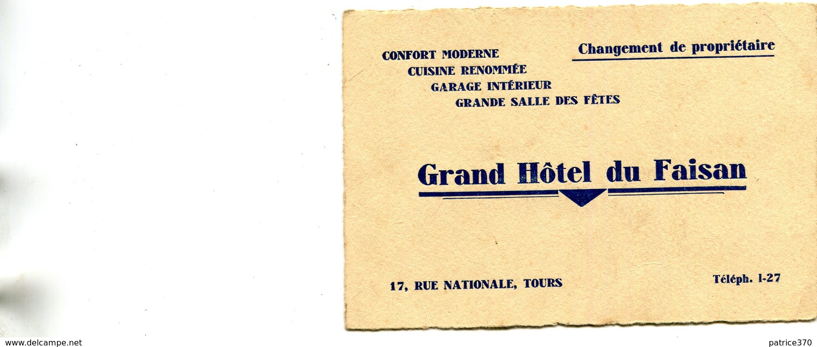 Carte Publicité Grand Hôtel Du Faisan 17 Rue Nationale Tours Changement De Propriétaire - Publicités