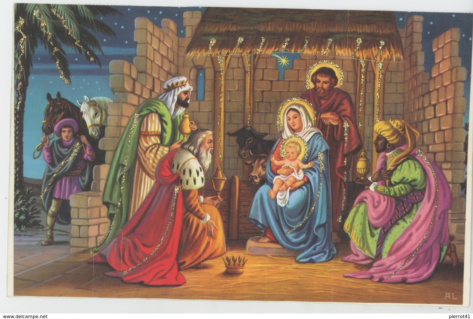 ENFANTS - Jolie Carte Fantaisie Ouvrante Avec Paillettes Crèche Enfant Jésus Rois Mages De "Joyeux Noël" - Signée AL - Autres & Non Classés