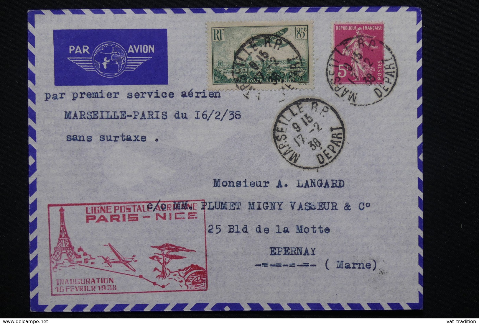 FRANCE - Enveloppe Du 1 Er Service Aérien Sans Surtaxe Marseille / Paris En 1938  - L 21325 - 1960-.... Lettres & Documents