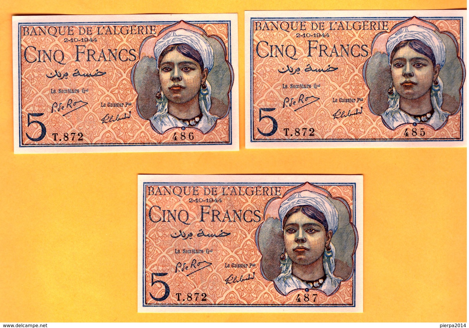 5 Francs Du 02 10 1944 - Pick 94b   NEUF - UNC - Algerije