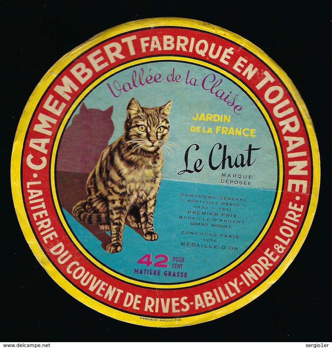 étiquette Fromage Camembert  Le Chat Jardin De La France  Vallée De La Claise Laiterie Du Couvent De Rives Abilly Indre - Fromage