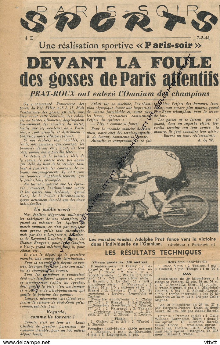 Cyclisme (Février 1941) : Omnium Des Champions Au Velodrome D'Hiver De Paris, Prat-Roux S'imposent, Coupure Presse - Collections