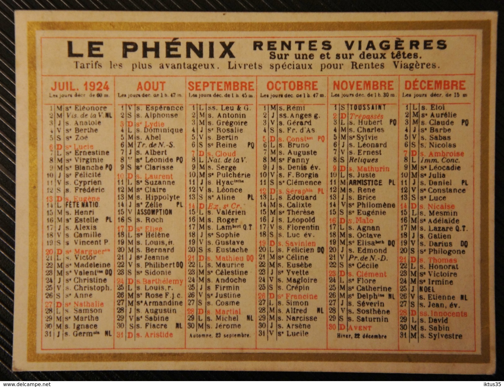CALENDRIER DE POCHE-ANNEE 1924-COMPAGNIE D'ASSURANCE LE PHENIX - Petit Format : 1921-40