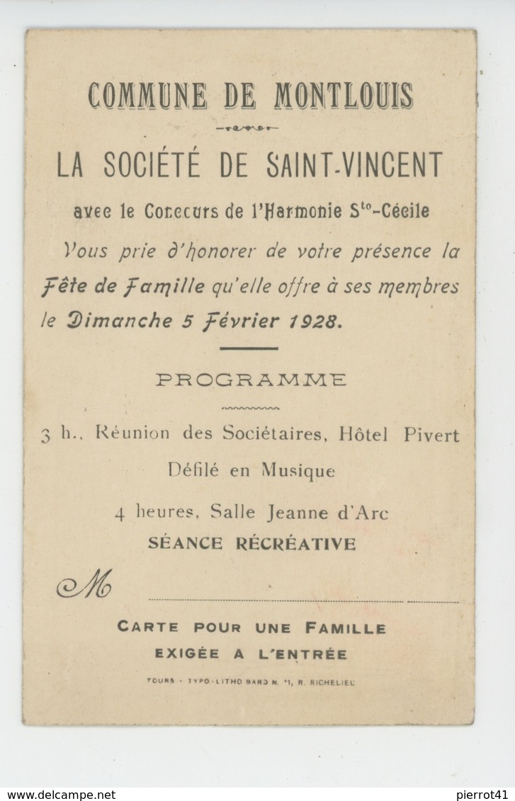 VIEUX PAPIERS - MONTLOUIS (37 ) - Invitation à La Fête De Famille De La Société De SAINT VINCENT Le 5 Février 1928 - Tickets D'entrée