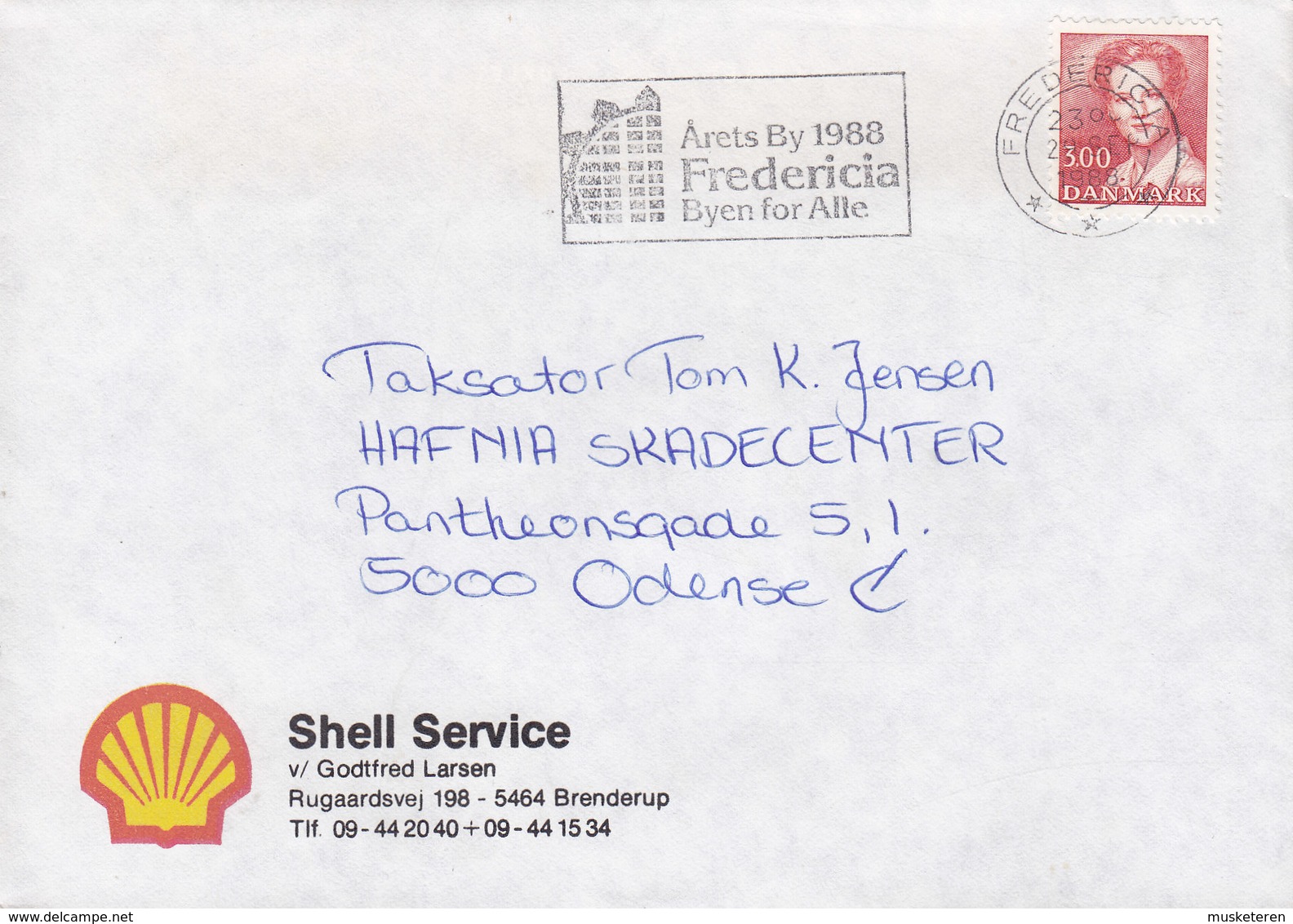 Denmark SHELL SERVICE Brenderup Slogan Flamme 'Årets By' FREDERICIA 1986 Cover Brief - Briefe U. Dokumente