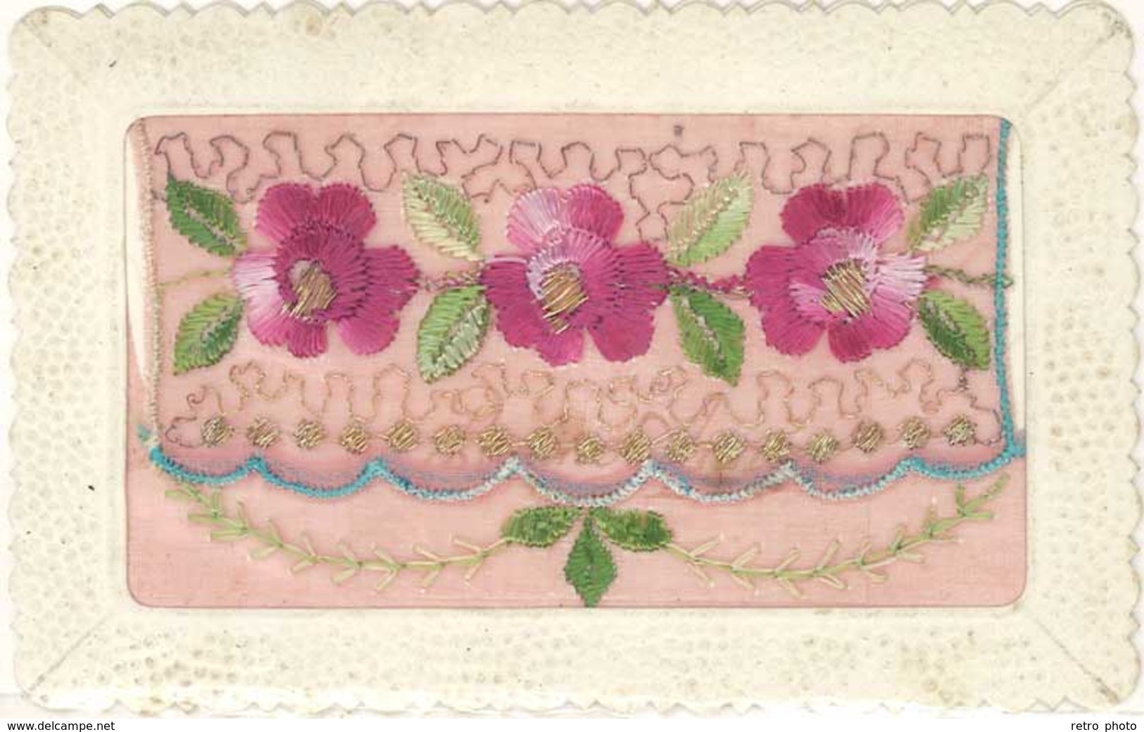 CPA Fantaisies, Brodée – Fleurs Roses - Embroidered