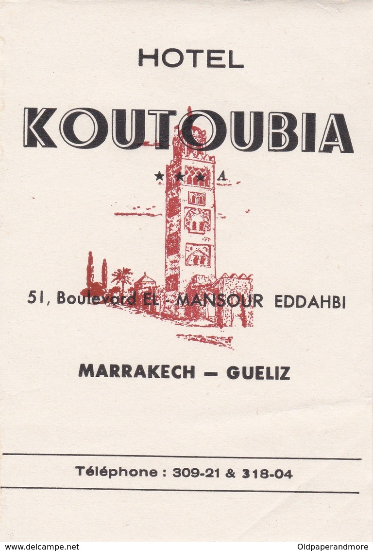 MOROCCO  -  HOTEL LUGAGGE  LABEL - HOTEL KOUTOUBIA - MARRAKECH - GUELIZ - Etiquettes D'hotels