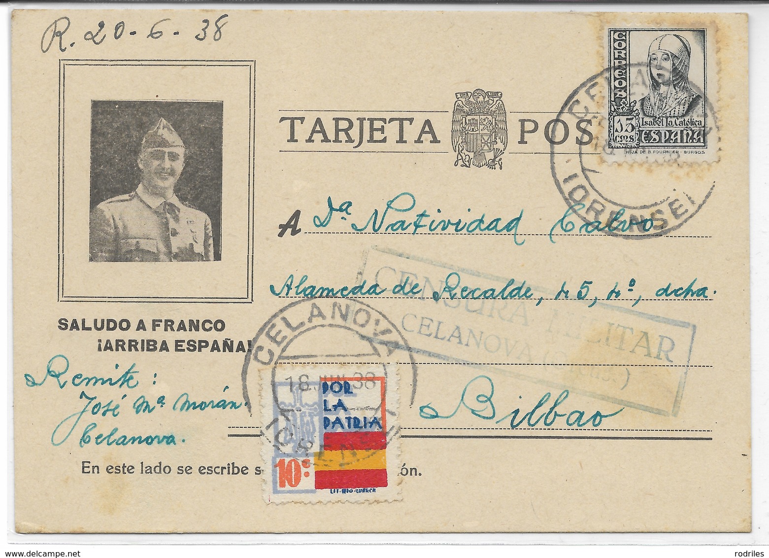 España. Postal Con Efigie De Franco Y Dirigida Desde El Campo De Concentraciìon De Celanova - Cartas & Documentos