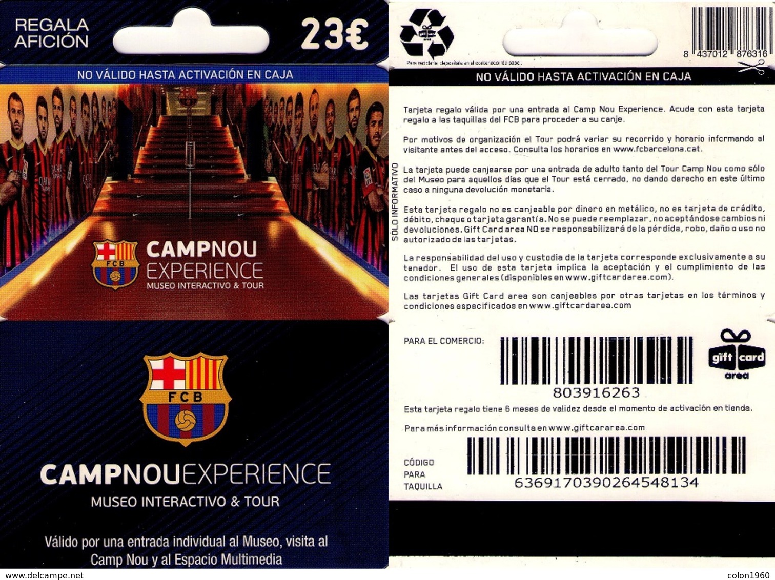 TARJETA REGALO DE ESPAÑA, GIFT CARD. FUTBOL BARCELONA, CAMP NOU, EXPERIENCE. 072. - Tarjetas De Regalo