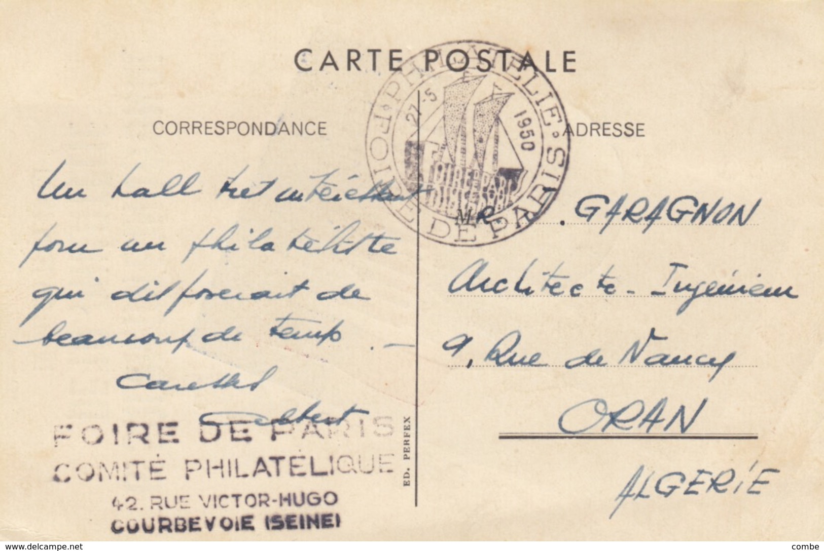 POSCARD. FRANCE. 1950 FOIRE DE PARIS TO ORAN - Other & Unclassified