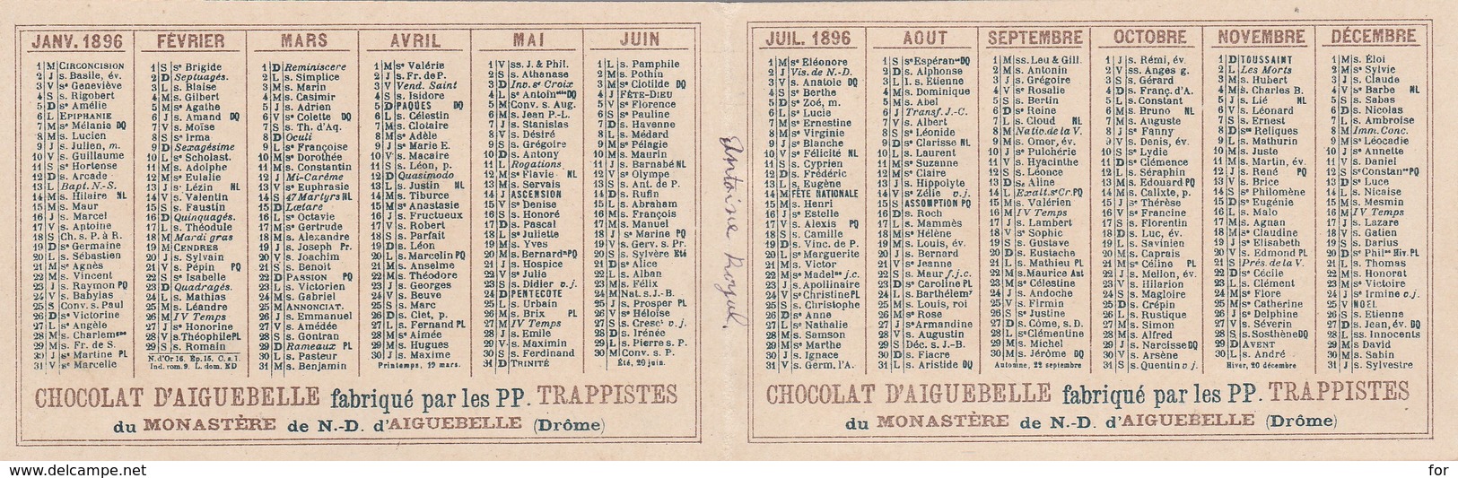 Calendrier : Petit Format Publicitaire :chocolaterie D'aiguebelle : Drome -1896 ( Format 6,3cm X 9,7cm ) 2 Volets - Kleinformat : ...-1900