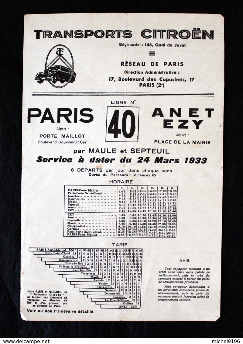 Horaire Tarifs Des Cars Citroën Ligne 40 PARIS EZY/ANET 1933 - Autres & Non Classés