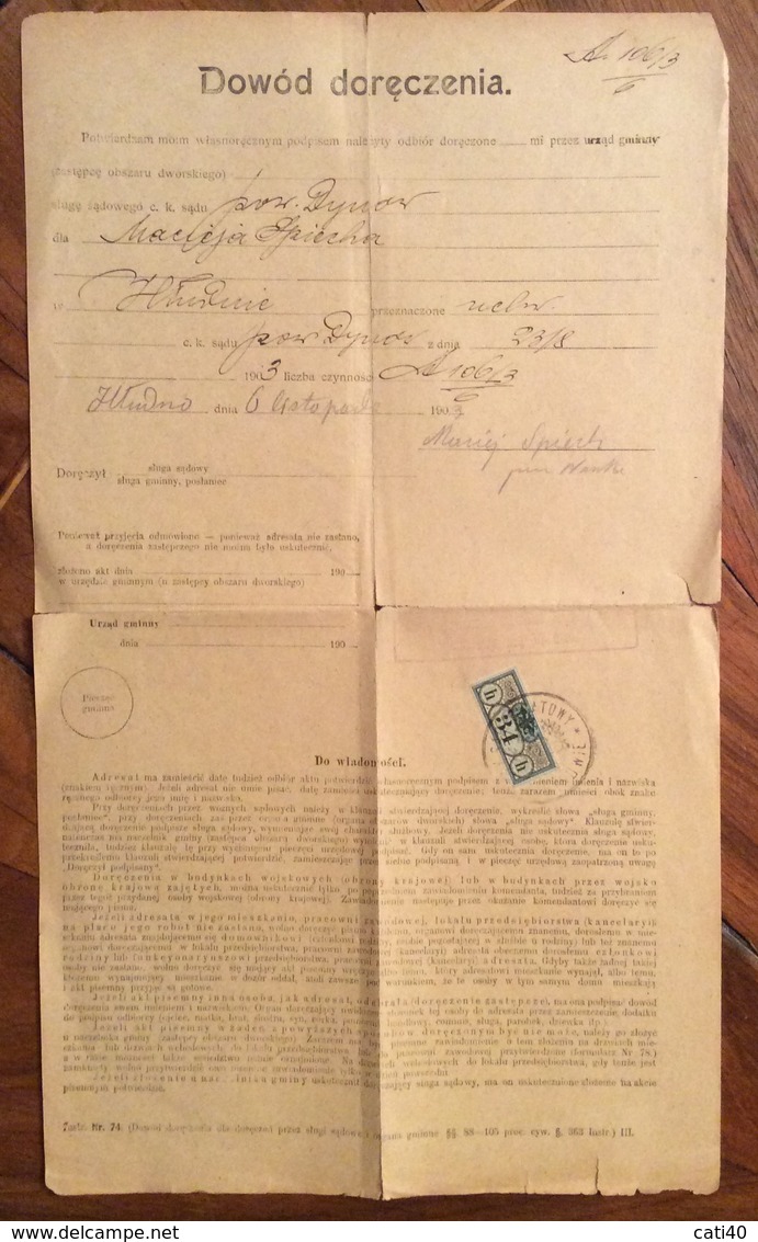POLONIA  DOWÓD DORĘCZENIA ANTICO DOCUMENTO DEL 1903 CON MARCA DA BOLLO 34 H - Documenti Storici