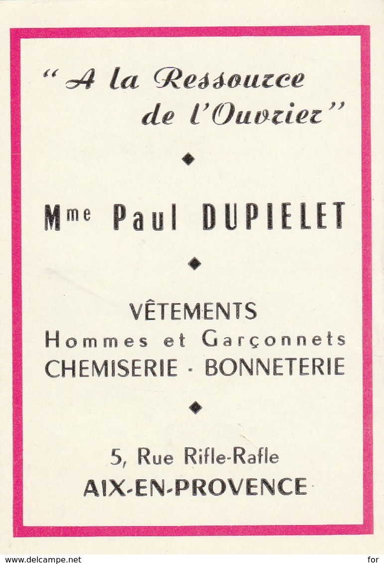 Calendrier : Petit Format Publicitaire : P.DUPIELET : Vétement - Aix En Provence - 1966 ( Format 9,5cm X 6,5cm ) - Petit Format : 1961-70