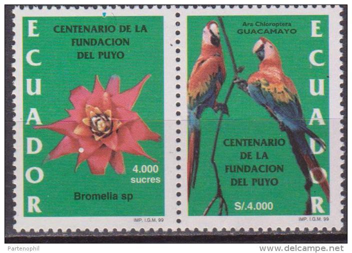 ECUADOR 1999 ECUADOR 1999 CENTENARY OF PUYO FOUNDATION MACAW BROMELIA PAIR BIRD FLOWERS - Altri & Non Classificati
