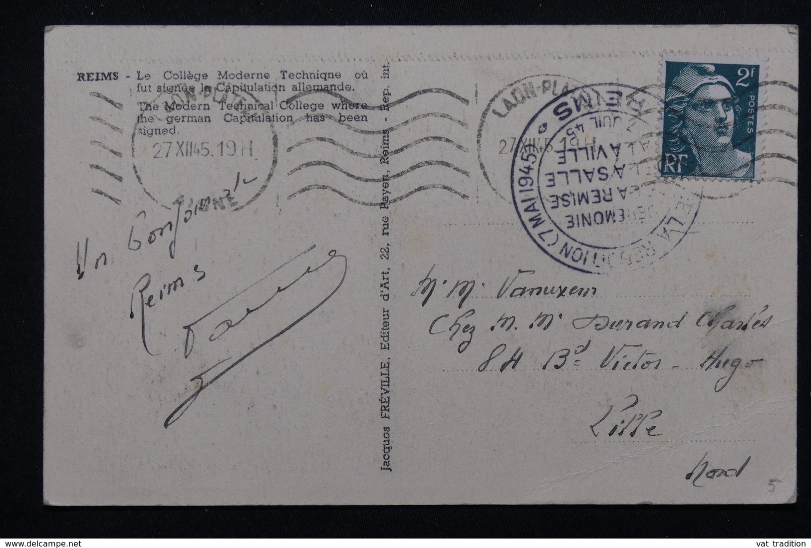 FRANCE - Cachet Souvenir De La Reddition Allemande Sur Carte Postale En 1945 De Reims - L 21357 - Guerre De 1939-45