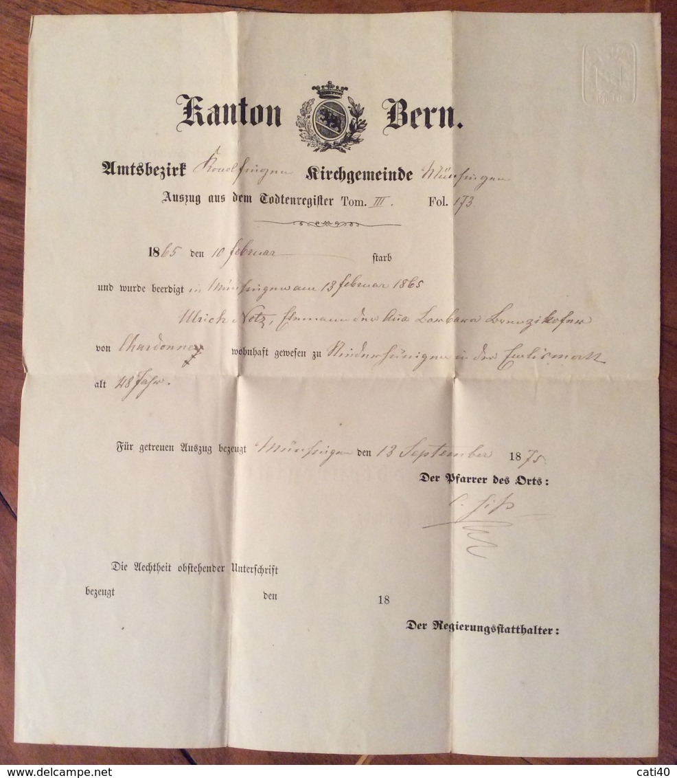 SVIZZERA SUISSE KANTON BERN CANTONE DI BERNA 1875  DOCUMENTO CON BOLLO A SECCO DI 10 RAPPEN - Italia