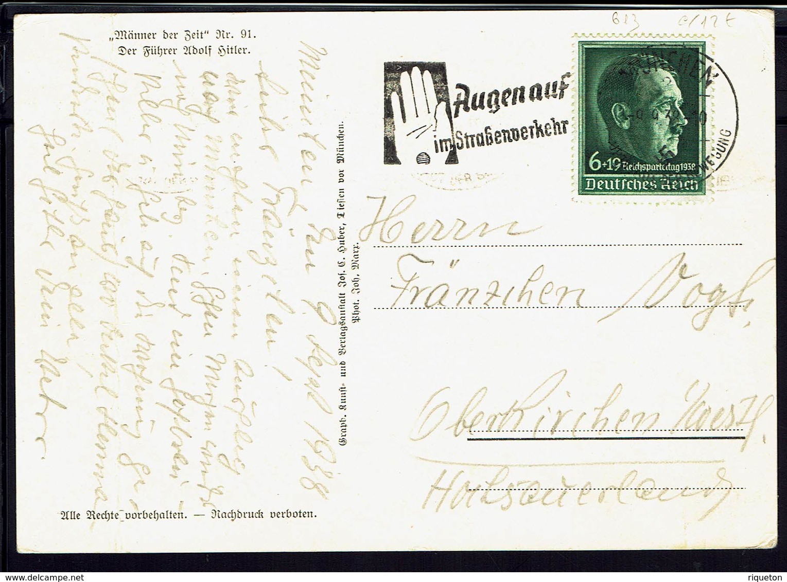 ALLEMAGNE - 1938 - Timbre N° 613 Sur Carte Postale "Portrait D'Adolf Hitler" Correspondance De Munchen Vers Oberkirchen. - Brieven En Documenten