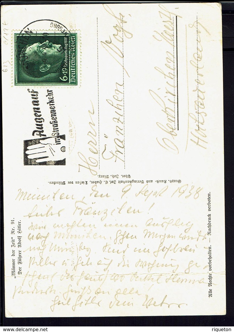 ALLEMAGNE - 1938 - Timbre N° 613 Sur Carte Postale "Portrait D'Adolf Hitler" Correspondance De Munchen Vers Oberkirchen. - Brieven En Documenten