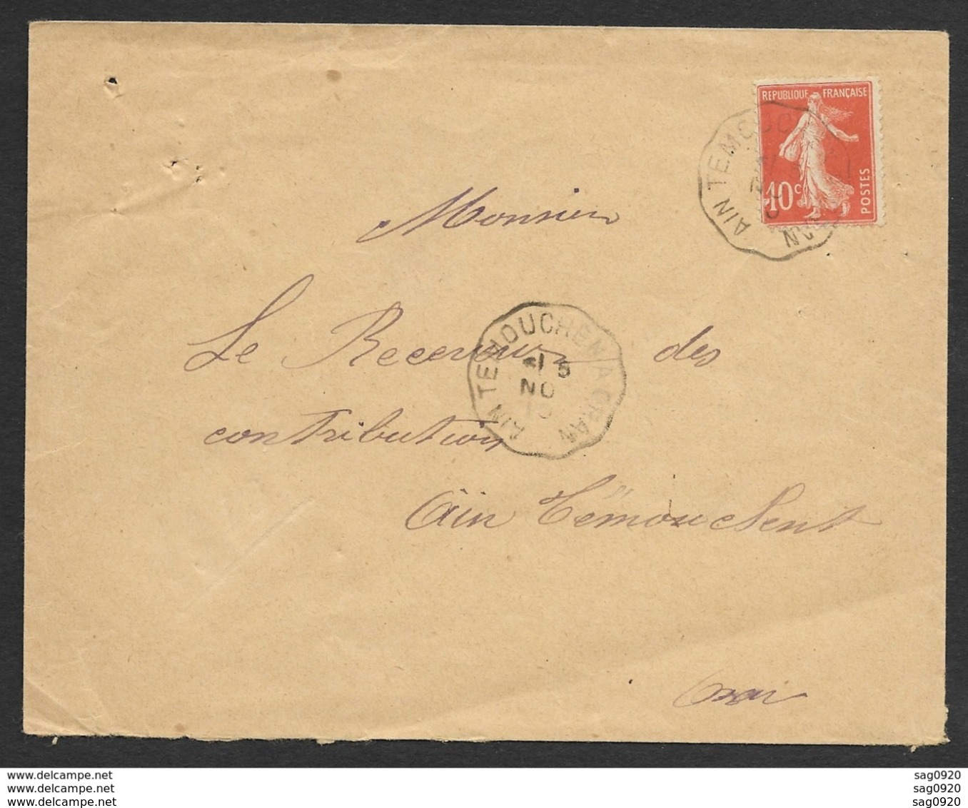 Enveloppe Avec Cachet Convoyeur Ain Temouchen à Oran Sur Semeuse - 1877-1920: Période Semi Moderne