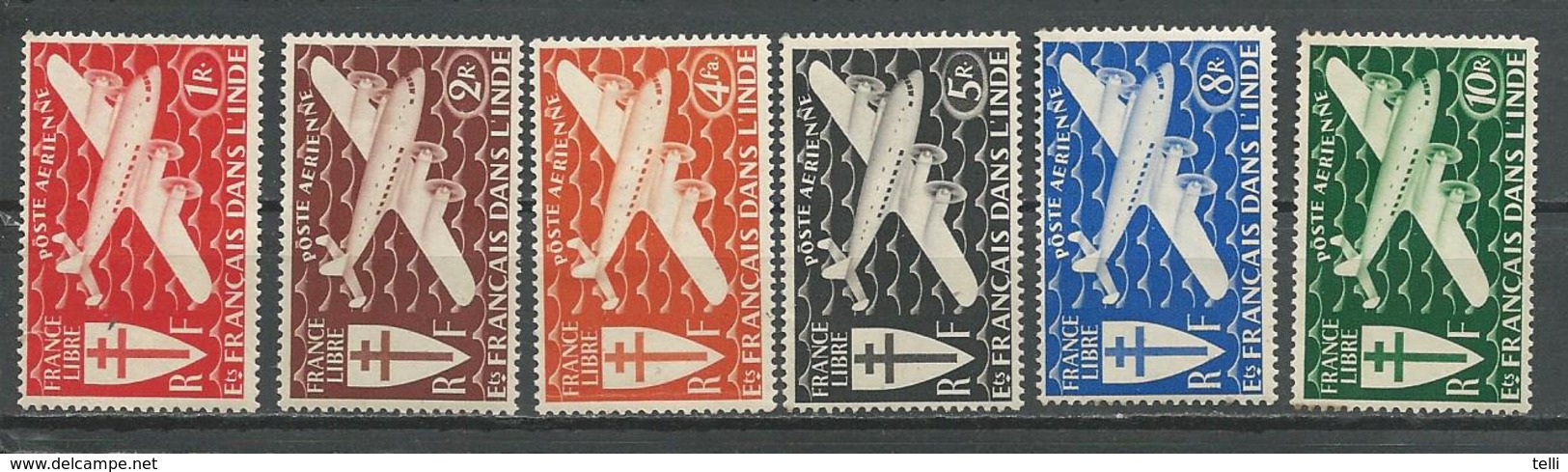 INDE FRANCAISE Scott C1-c6 Yvert PA1-PA6 (6) * Cote 8,80 $ 1942 - Unused Stamps