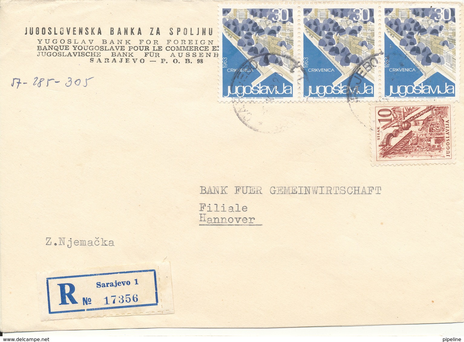 Yugoslavia Registered Bank Cover Sent To Germany Sarajevo 1963 - Covers & Documents