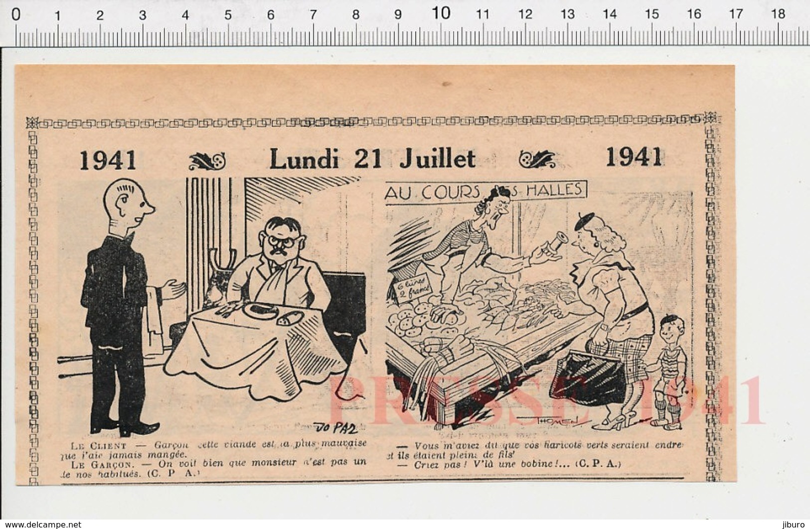 2 Scans Humour De 1941 Haricots Sans Fil Bobine Cours Des Halles Primeur Oeil Organe Oculiste Canne  223XS - Non Classés