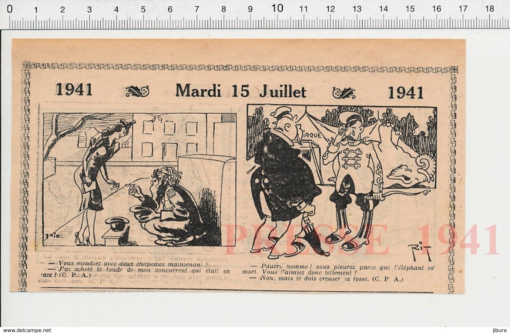 2 Scans Humour De 1941 Cirque éléphant Mendiant Mendicité Rue / Homme Végétarien Chien Mirza 223XS - Unclassified