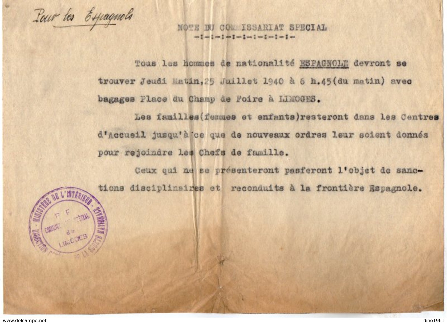 VP14.262 - MILITARIA - 1940 - Guerre 39 / 45 - Note Du Commissariat Spéciale De LIMOGES Pour Les Espagnols - Police & Gendarmerie