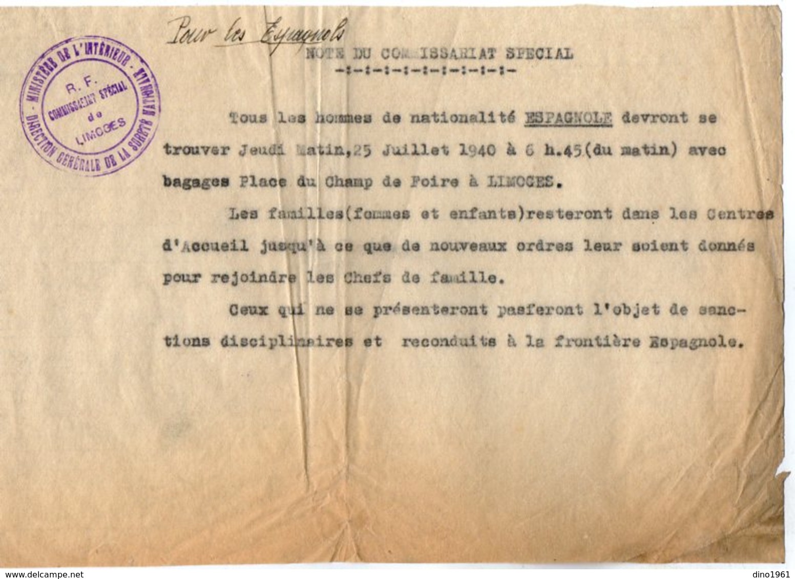 VP14.263 - MILITARIA - 1940 - Guerre 39 / 45 - Note Du Commissariat Spéciale De LIMOGES Pour Les Espagnols - Police & Gendarmerie