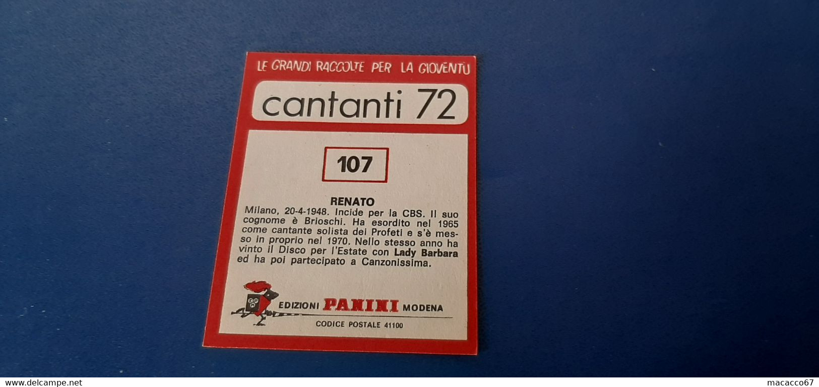 Figurina Panini Cantanti 1972 - 107 Renato - Edizione Italiana