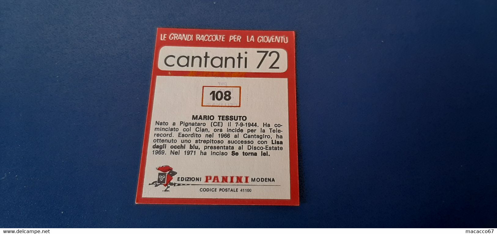 Figurina Panini Cantanti 1972 - 108 Mario Tessuto - Edizione Italiana