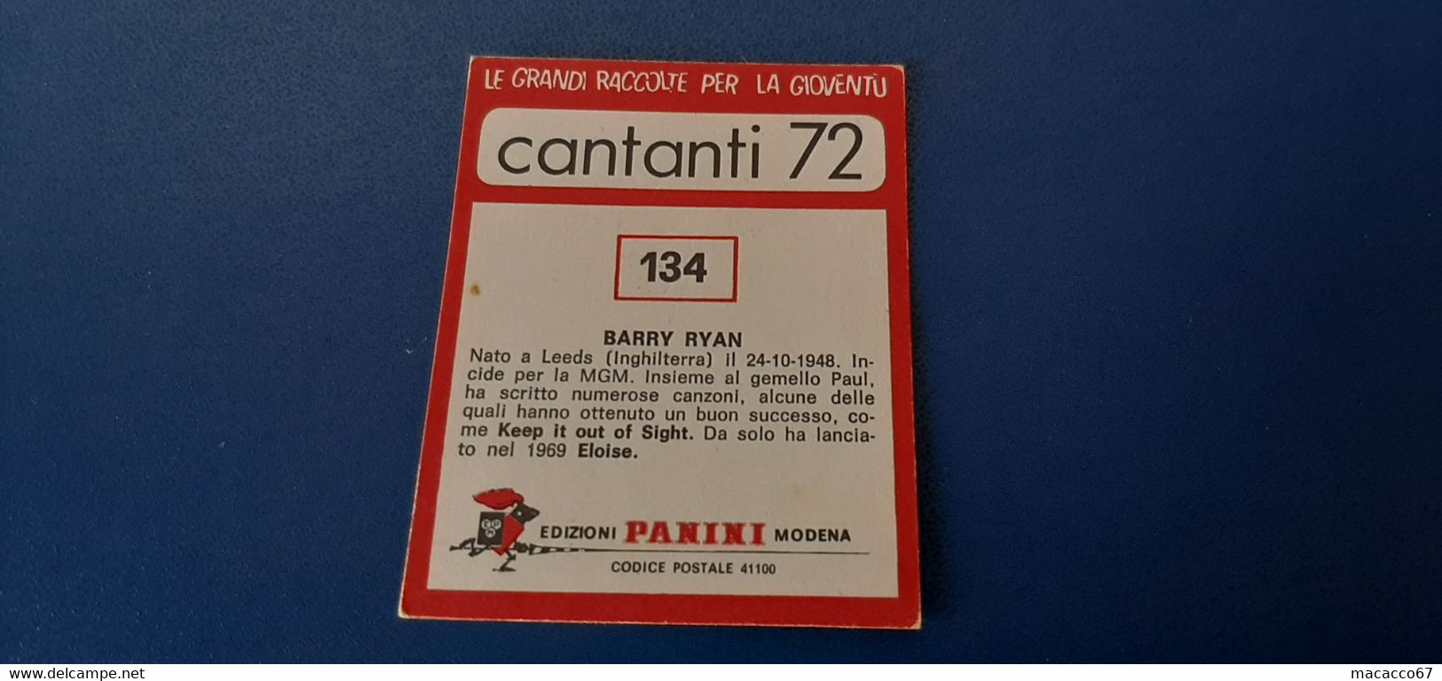 Figurina Panini Cantanti 1972 - 134 Barry Ryan - Edizione Italiana