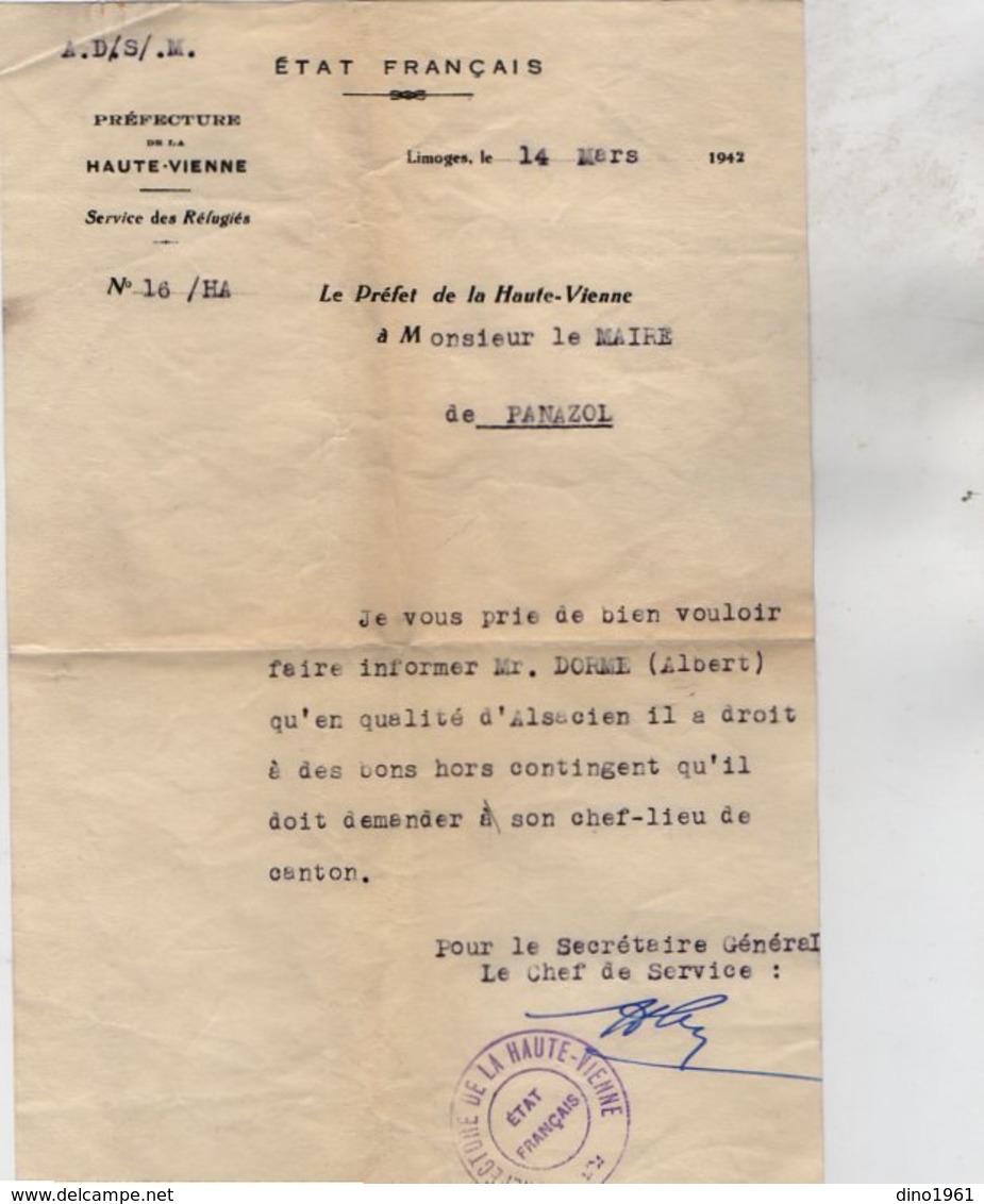 VP14.264  - LIMOGES 1942 - Lettre De La Préfecture De La Haute - Vienne Relative à Mr DORME Réfugié Alsacien à PANAZOL - Documenti Storici