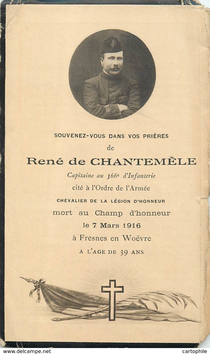 Faire Part De Décès De René De Chantemèle Capitaine Du 366e D'Infanterie Mort En 1916 à Fresnes En Woevre WW1 - Décès