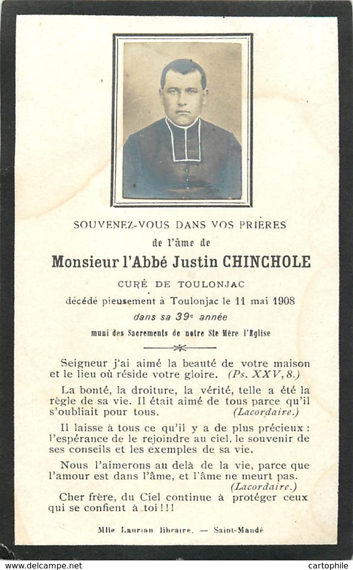 Faire Part De Décès Et Portrait De L'Abbé Justin CHINCHOLE Curé De Toulonjac En 1908 - Décès