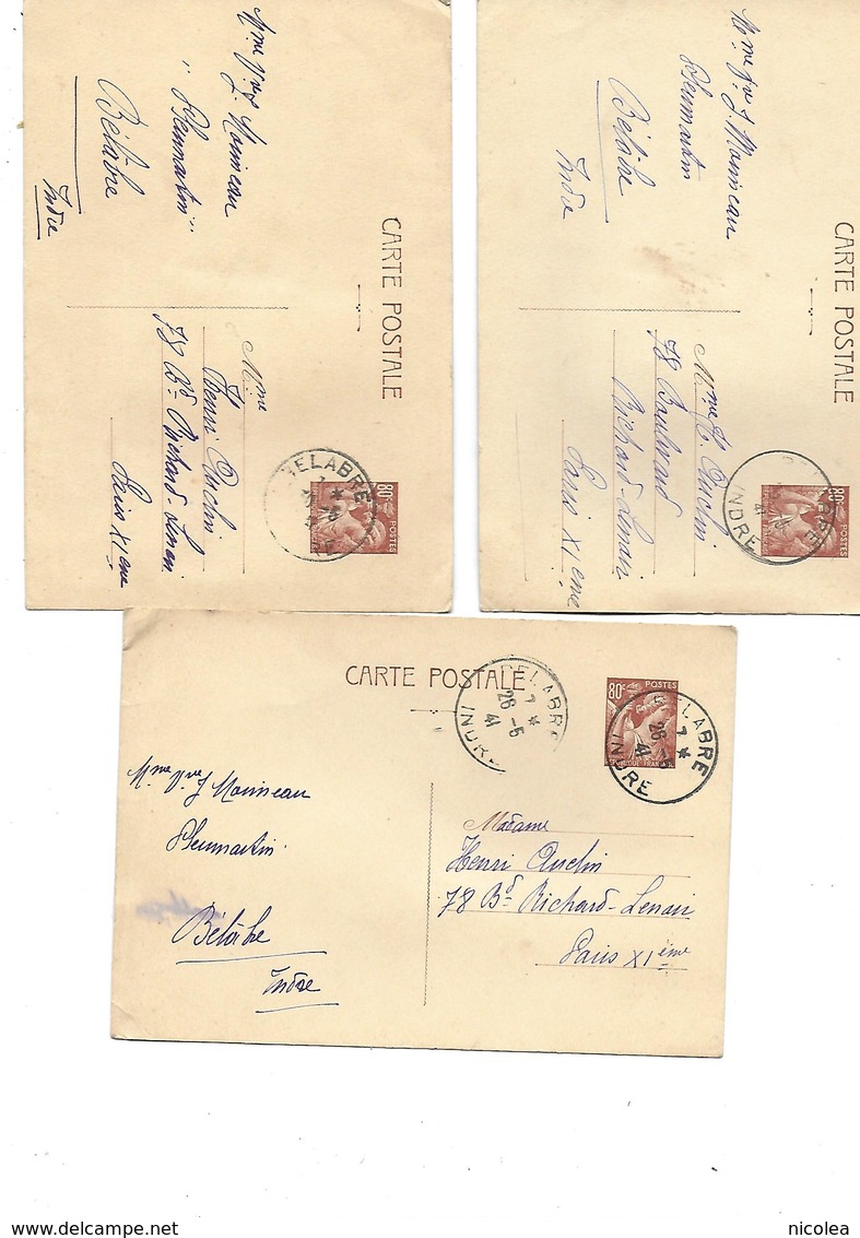 Entier Postal De Belabre (Pleumartin Indre )  à Paris En 1941 " Iris 80 C "  Guerre Ww2 Lot De 3 Entiers Postaux - Enveloppes Types Et TSC (avant 1995)