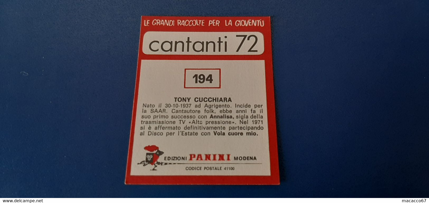 Figurina Panini Cantanti 1972 - 194 Tony Cucchiara - Edizione Italiana