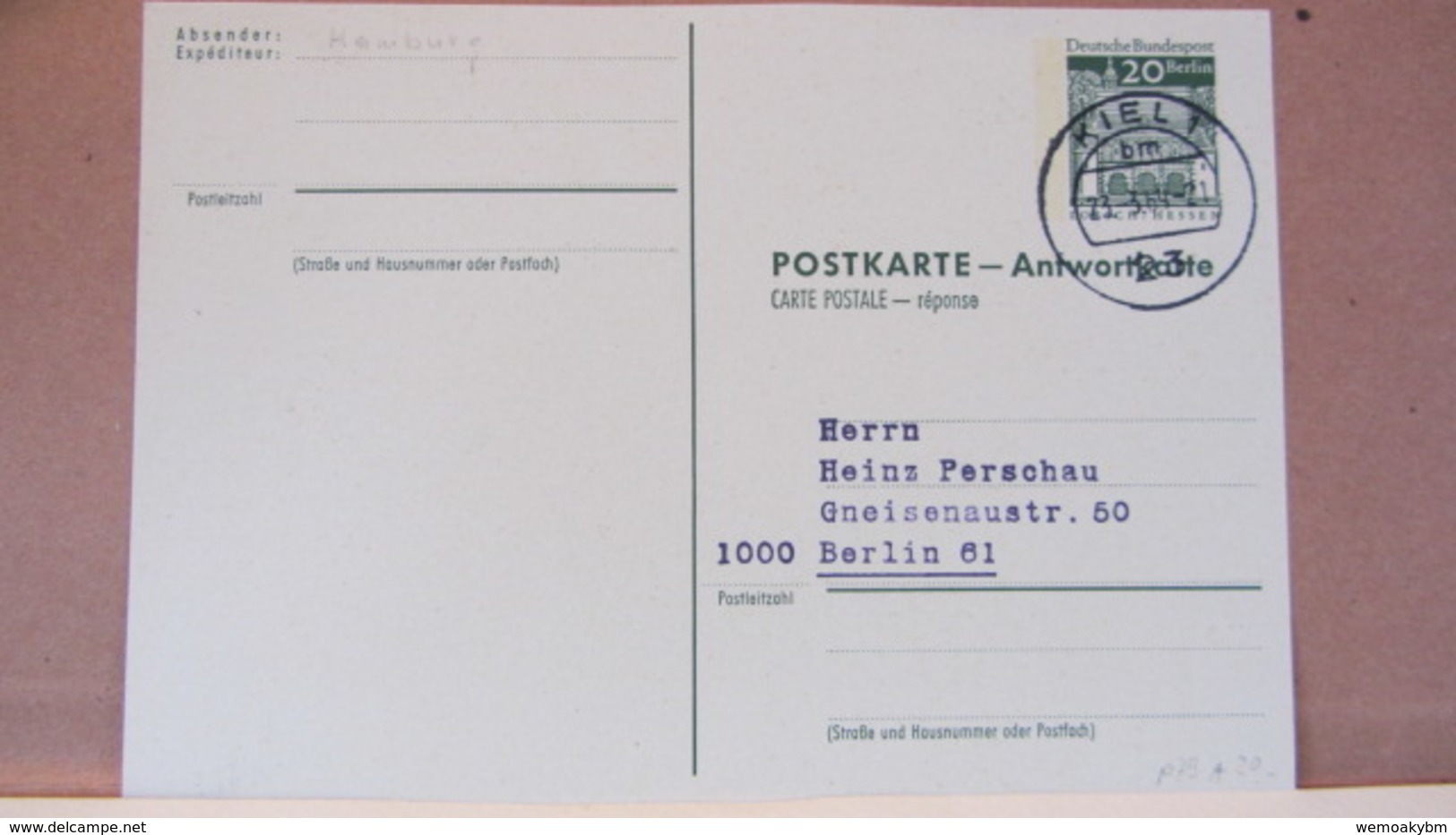 Berlin: GA P79A Gest. Kiel 1 Vom 23.3.69 Mit 20 Pf Lorsch/Hessen Rs. Schiffspost-Stpl. 5 Jahre Zerstörer "Hamburg" - Postcards - Used