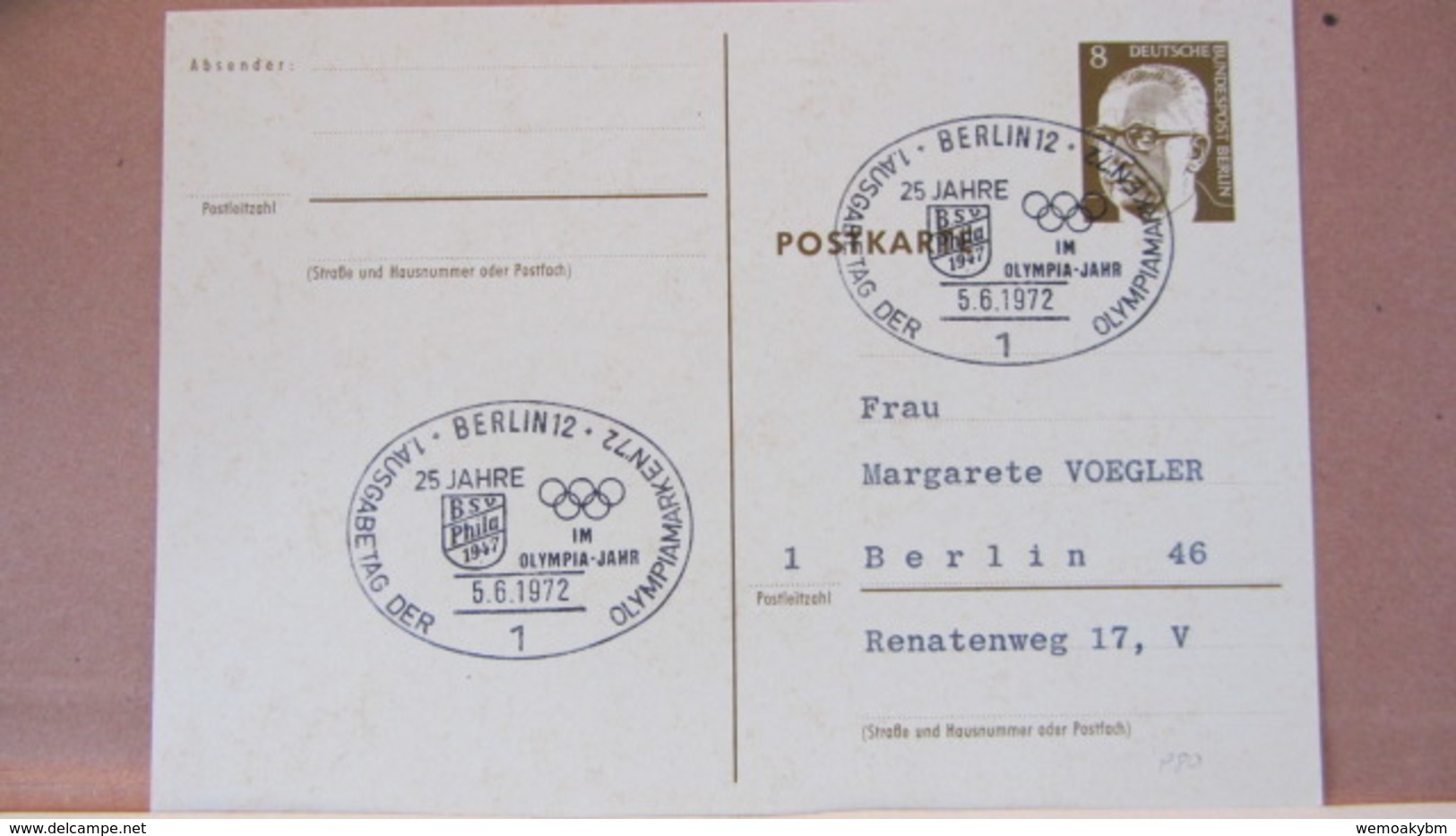 Berlin: GA-Postkarte Mit 8 Pf Heinemann Stpl. BERLIN 12 Vom 5.6.72 "1. Ausgabetag Der Olympiamarken 72" Knr: P 80 - Postkaarten - Gebruikt