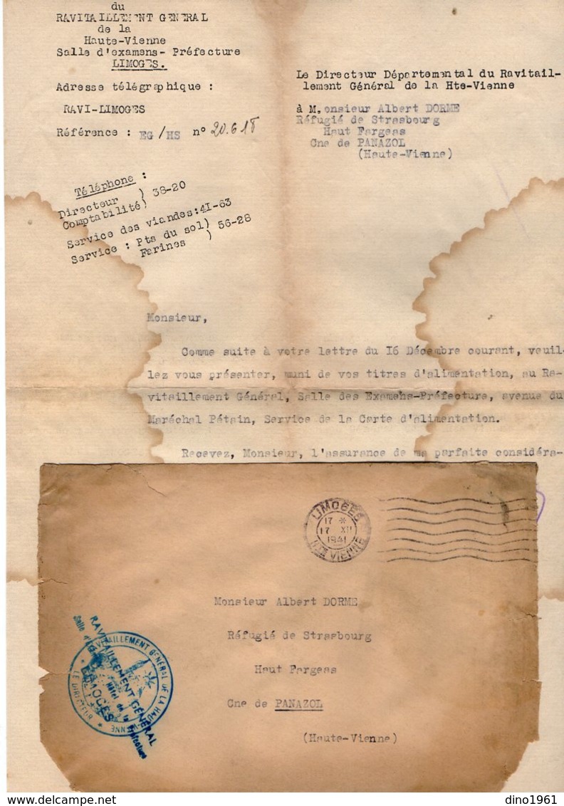 VP14.267 - LIMOGES 1941 - Lettre En Franchise - Direction Départementale Du Ravitaillement à Mr DORME Réfugié à PANAZOL - Guerre De 1939-45